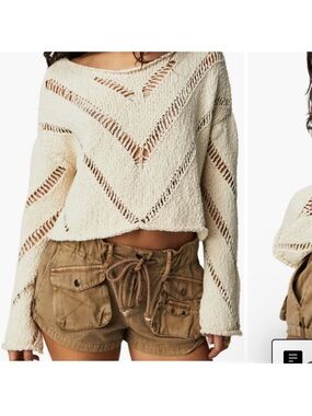 Free People Hayley Cream Open-Work Off-the-Shoulder Sweater